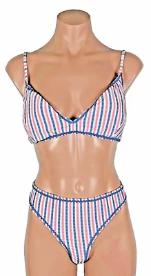Traje de baño bikini a rayas J Crew rosa azul blanco Seersucker XL descarado acolchado Foto 1 de 4