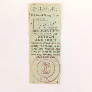 Vintage US Postal Money Order Purchasers Receipt New Paltz NY Dec 9 1960 - Picture 1 of 6