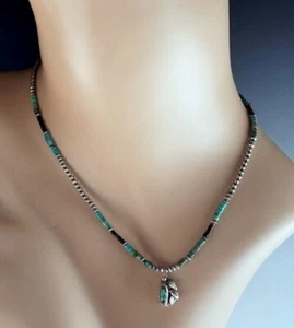 White Fox Creation: Zierliche Sterling Navajo Perle & Türkis Anhänger Halskette - Bild 1 von 6