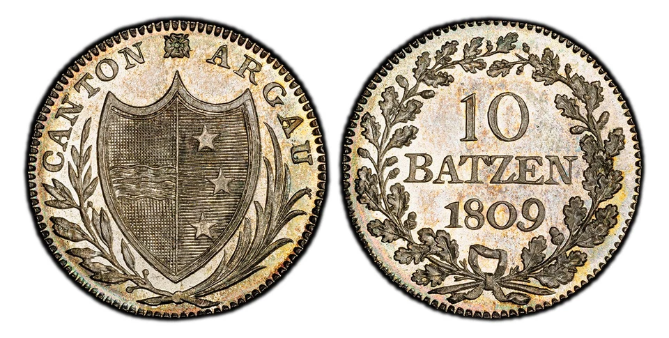 SWISS CTN Aargau. 1809 AR 10 Batzen. PCGS MS67 Bern KM 14; D.T. HMZ 2-21b. - Image 1 of 1