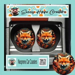 Car Coasters Red Fox Autumn Leaves Fall Season Time Set of 2 Neoprene Absorbent - Picture 1 of 5