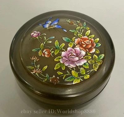 Caja Tapa Redonda Patrón Flor Mariposa Pintura Interior Vidrio Marcado Qianlong 2.9" Foto 1 de 4