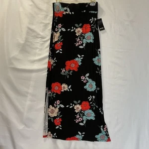 ANA Black Floral Maxi Skirt Double Slit Womens Size XS Elastic Waist “Eliza” NWT - Picture 1 of 10