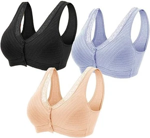 3Pack Everyday Cotton Snap Lace Bras - Women's Front Close Builtup Sports Push - Picture 1 of 6