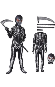 Disfraz de Halloween de cuerpo completo esqueleto 3D para niños traje de piel con máscara y hoz talla 10-12 - Imagen 1 de 7