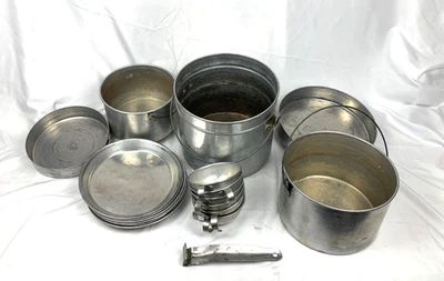 Vintage Aluminum Nesting Camping Mess Set Cooking Pots Pans Plates Cups Cookware - Image 1 of 4