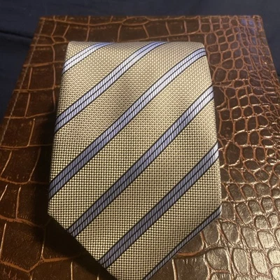 Henry Jacobson Gold Heavy Silk Woven Blue Striped Mens Neck Tie  Handmade 60x4 - Image 1 of 4