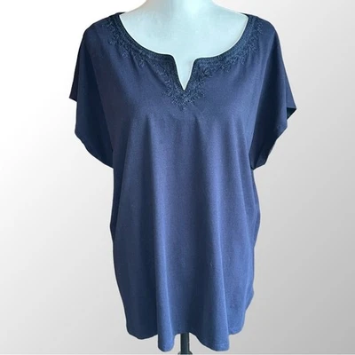 Top Talbots para mujer 3X azul marino bordado manga corta con spandex elástico Foto 1 de 4