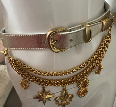 Cinturón de cuero beige plateado Escada de colección para mujer con dijes tono dorado talla 36 Foto 1 de 4