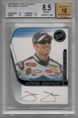 2004 JIMMIE JOHNSON PRESS PASS SIGNINGS AUTOGRAPHED CARD#32 NM-MT+ 8.5 BY BGS - Image 1 of 2