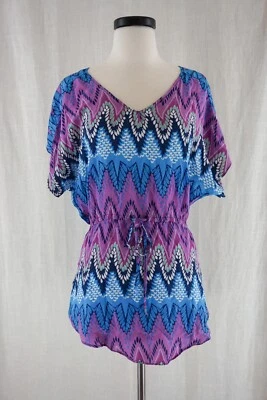 Blusa túnica Gibson seda geométrica dolman cordón púrpura azul Boho S Foto 1 de 4