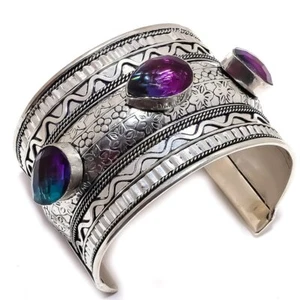 Bi-Color Tourmaline Gemstone Bracelet 925 Sterling Silver Cuff Bracelet . - Picture 1 of 5