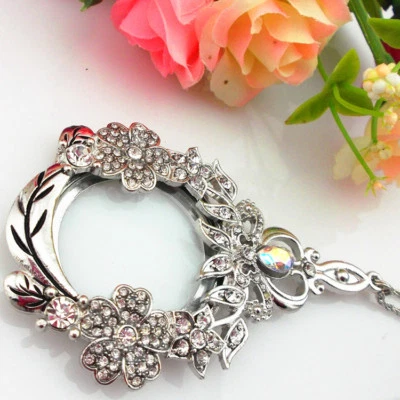 Rhinestone Necklace Magnifier Crown Lucky Clover Pendant Magnifying Glass - Image 1 of 4