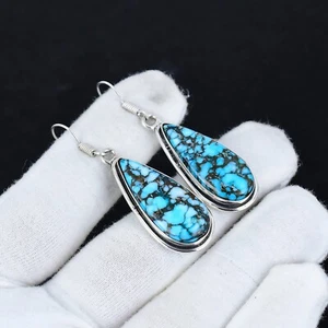 Natural Turquoise Gemstone 925 Sterling Silver Handmade Jewelry Earrings Gift - Picture 1 of 4
