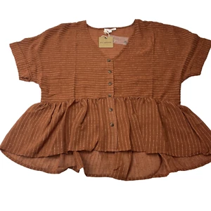 Blusa Blu Pepper para Anthropologie Marrón Rayas Botón Frontal Inferior Volantes M - Imagen 1 de 10