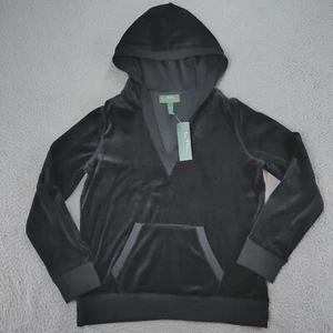 Lauren Ralph Lauren Hoodie Womens Large Black Velour Kangaroo Pockets V-Neck NEW - Picture 1 of 22
