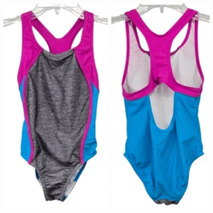 Speedo Girls Pink Gray Swimsuit Splice Racerback Keyhole One-Piece Bathing Suit - Picture 1 of 10