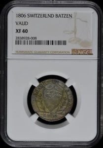 :1806 10-RAPPEN/1-BATZ SWITZERLAND KM# 8 NGC XF 40 LOW-POP RARITY R-10 TOP-POP   - Picture 1 of 4