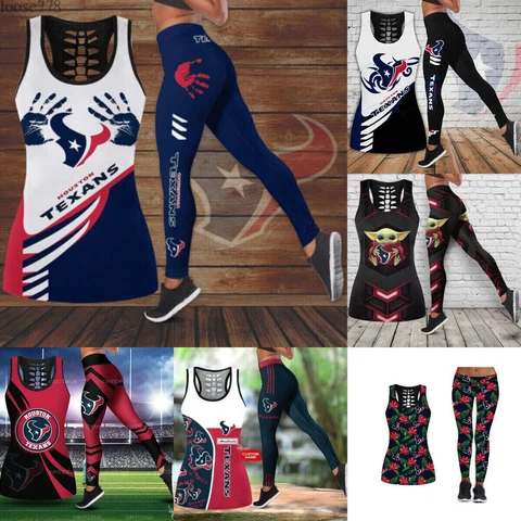 Houston Texans Women's Tank Tops Leggings Sets 2PCS Fans Butt Lifting Yoga Pants Cover