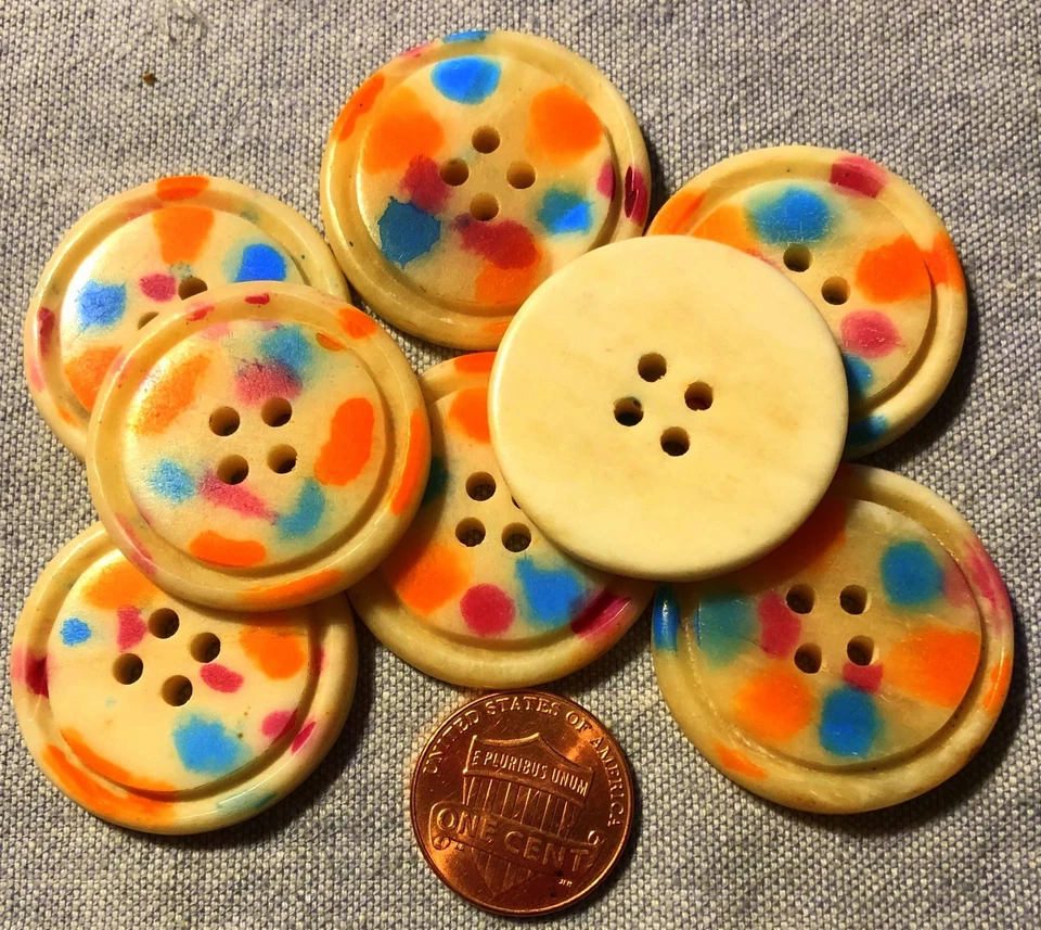 8 Large Cream Pink Orange Blue Natural Bone Buttons Just Over 1 1/8" 29.3mm 9129 - Image 1 of 1
