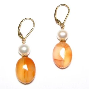 Pendientes traseros genuinos de palanca de ágata blanca perla y naranja rellenos de oro o plata 925 - Imagen 1 de 1