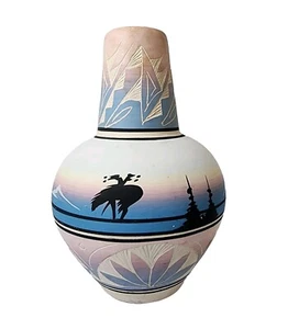 Navajo Pottery Vase/Pot, Signed  - Horse Sunset Landscape Last Ride 9" T X 6" W - Picture 1 of 10