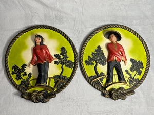 Juego de 2 placas de pared de tiza vintage pareja asiática en puente relieve 3D años 50 - Imagen 1 de 19