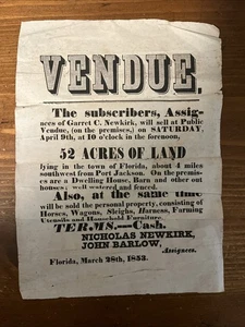 1853 Vendue 52 Acres of Land; Town Of Florida; Port Jackson; Amsterdam Ephemera  - Bild 1 von 2