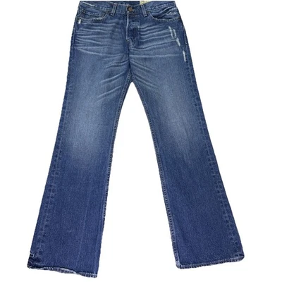 Hollister Boomer 低腰牛仔裤靴型修身纽扣门襟 Y2K Distressed 男式 32x32 — 第 1/4 张图片