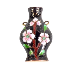 Vintage Cloisonne Emaille grüne Blumenvase Halskette Anhänger Charm Urne - Bild 1 von 8
