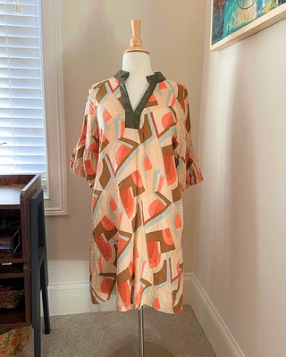 NWT Orange & Brown THML Geometric Short Sleeve Dress Knee Length Leather Trim - Image 1 of 4