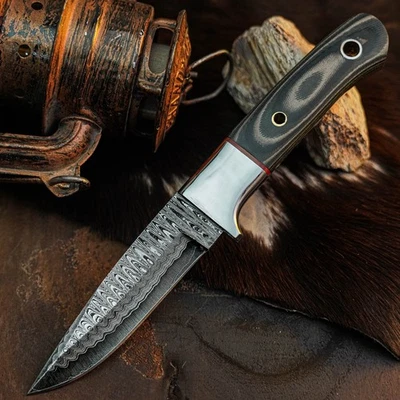 Gift-Ready 8.7" Damascus / Steel Knife Full Tang Hunt it Hunt + Leather Sheath - Image 1 of 4