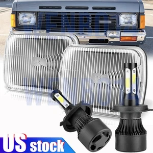 7X6 Stock Style Glass Lens Headlight Metal Headlamp H4 LED Headlight Bulbs Pair - Picture 1 of 21