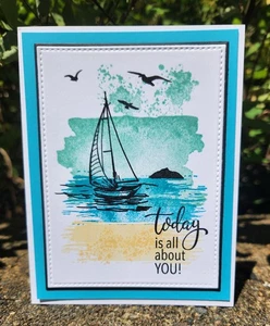 Handmade Greeting Card Happy Birthday Beach Scene Sailboat, Chair, Palm Trees - Picture 1 of 6