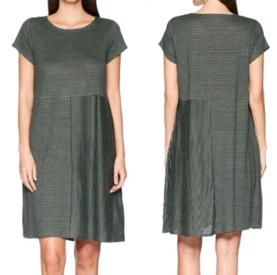 Vestido Camiseta Mujer Eileen Fisher Manga Corta L Verde Rayas Lino Orgánico  Foto 1 de 4