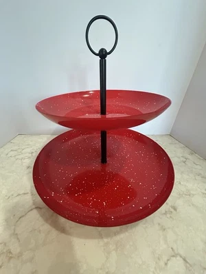 Red Metal White Splatter 2 Tier Swivel Serving Tray - Image 1 of 4