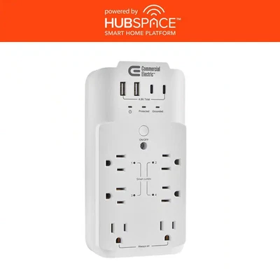 6-Outlet Smart Surge Protector with 4-USB Ports, White, Powered by Hubspace - Image 1 of 4