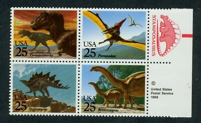 US stamps: 1989 Prehistoric Animals, Plate of block 4, SC#2422-5; MNH & OG FV=$1 - Image 1 of 2