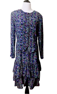 Conjunto de falda y blusa vintage talla 12 estampado floral púrpura años 80 hombreras volantes - Imagen 1 de 12