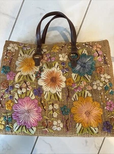 Vintage BAGS BY PATRICIA Floral Beach Woven Straw Raffia Wooden Handles LINED - Picture 1 of 19