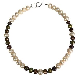 Multicolor 10-13mm Ringed Baroque Pearl Necklace Handmade Sterling Clasp 21"