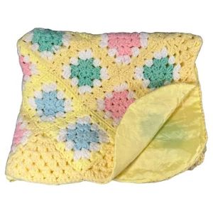 Handmade Crochet Granny Baby Blanket LINED Afghan Pink Yellow Blue Green 30x47 - Picture 1 of 8