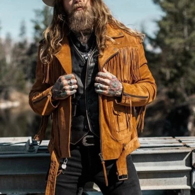 Men Brown Suede Motorcycle Biker Jacket Fringe Soft Suede Cowboy Style Coat - Image 1 of 4