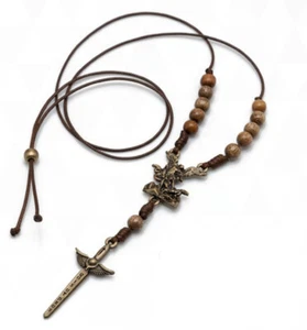 Collana Cattolica San Michele Legno Marrone 18" Uomo Donna Bronzo Antico Brasile - Foto 1 di 2