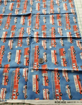 1/2 Yd Emergency Vehicles Blue Fabric Michael Miller Fabrics Fire Dept Rescue - Image 1 of 4