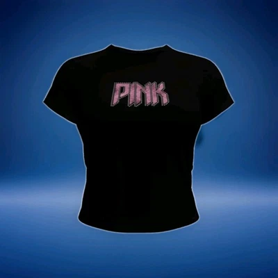 Victoria's Secret 🩷 LARGE PINK Retro Cotton Tee Black Band BLING LOGO New VS387 - Image 1 of 4