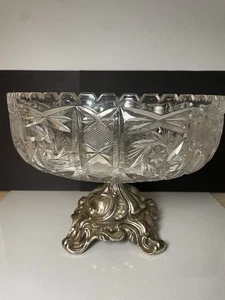 Antique Cut Crystal Bowl 8” w/ Silver-Tone Rim & Ornate Base Elegant Centerpiece - Picture 1 of 9