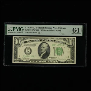 1934C Federal Reserve Note Chicago 10 Dollars Fr#2008-GW PMG 64 EPQ UNC FP#391 - Picture 1 of 4