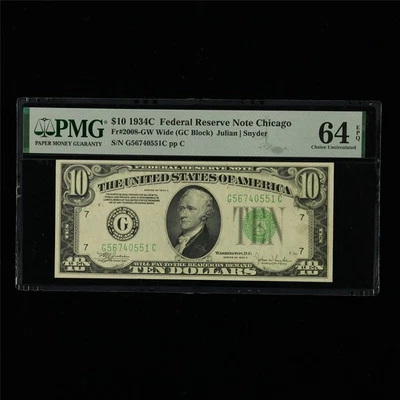 1934C Federal Reserve Note Chicago 10 Dollars Fr#2008-GW PMG 64 EPQ UNC FP#391 - Image 1 of 4