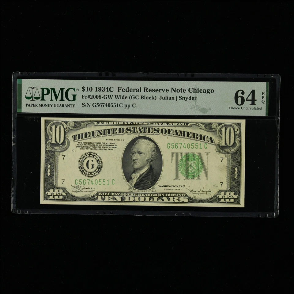 1934C Federal Reserve Note Chicago 10 Dollars Fr#2008-GW PMG 64 EPQ UNC FP#391 - Image 1 of 4